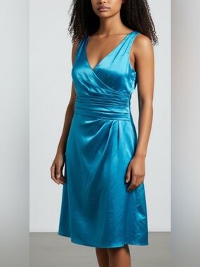 NWOT- David's Bridal Teal V-Neck Satin A-Line Dress